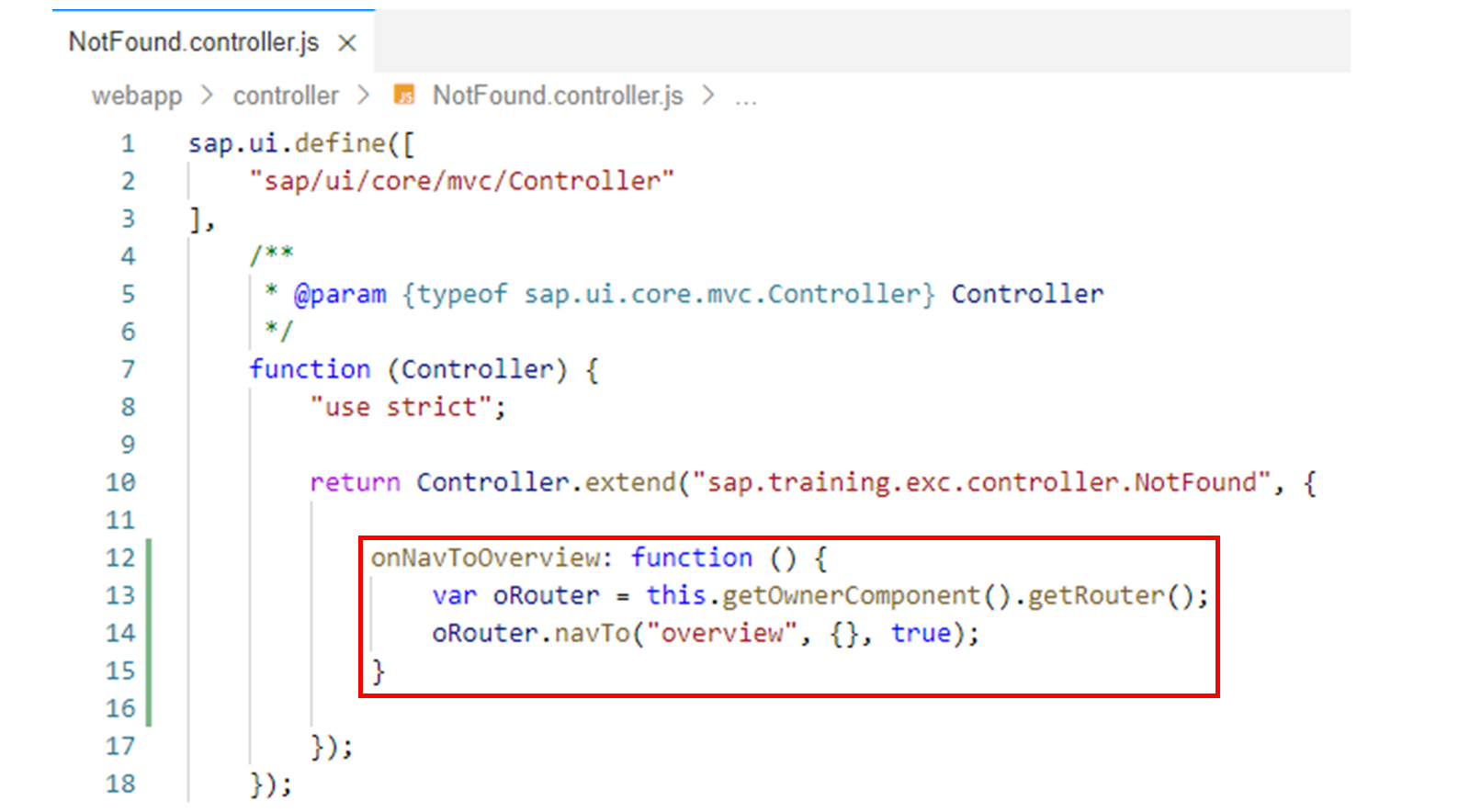 Notfound.view.xml 文件，其中突出显示了 onNavtoOverview 行。