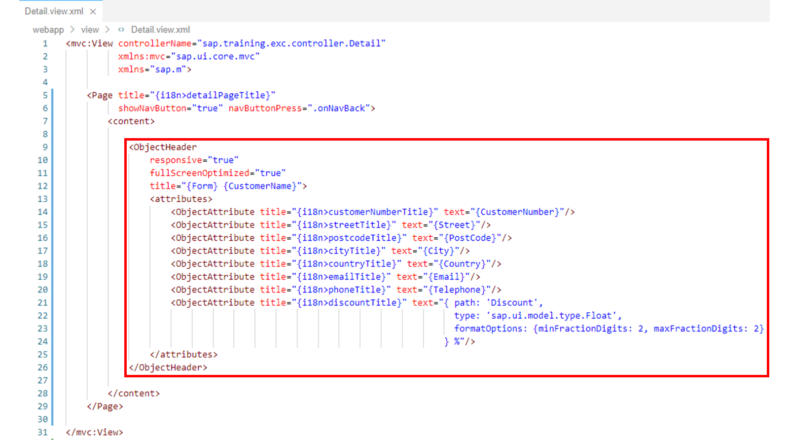 Detail.view.xml 文件，突出显示了 ObjectHeader 代码。