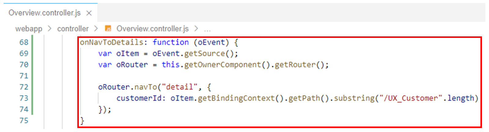 Overview.controller.js 文件，突出显示了 onNavtoDetails 函数。