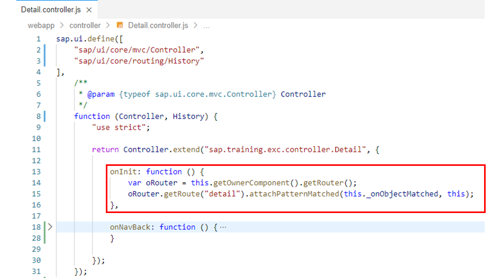Detail.controller.js 文件，突出显示了 onInit 函数。
