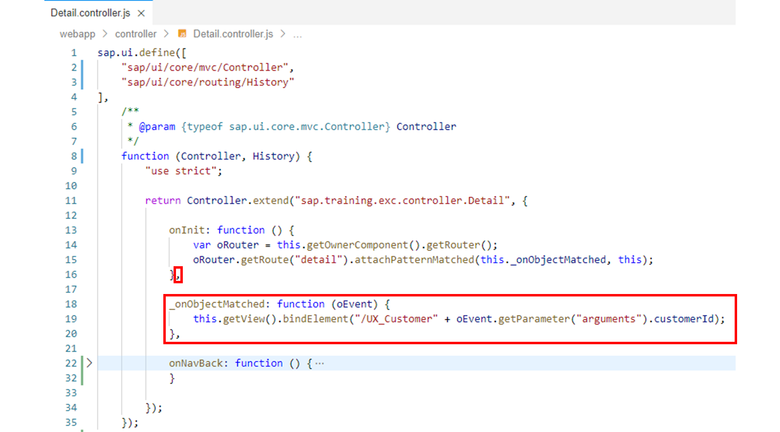 Detail.controller.js 文件，突出显示了 _onObjectMatched 函数。