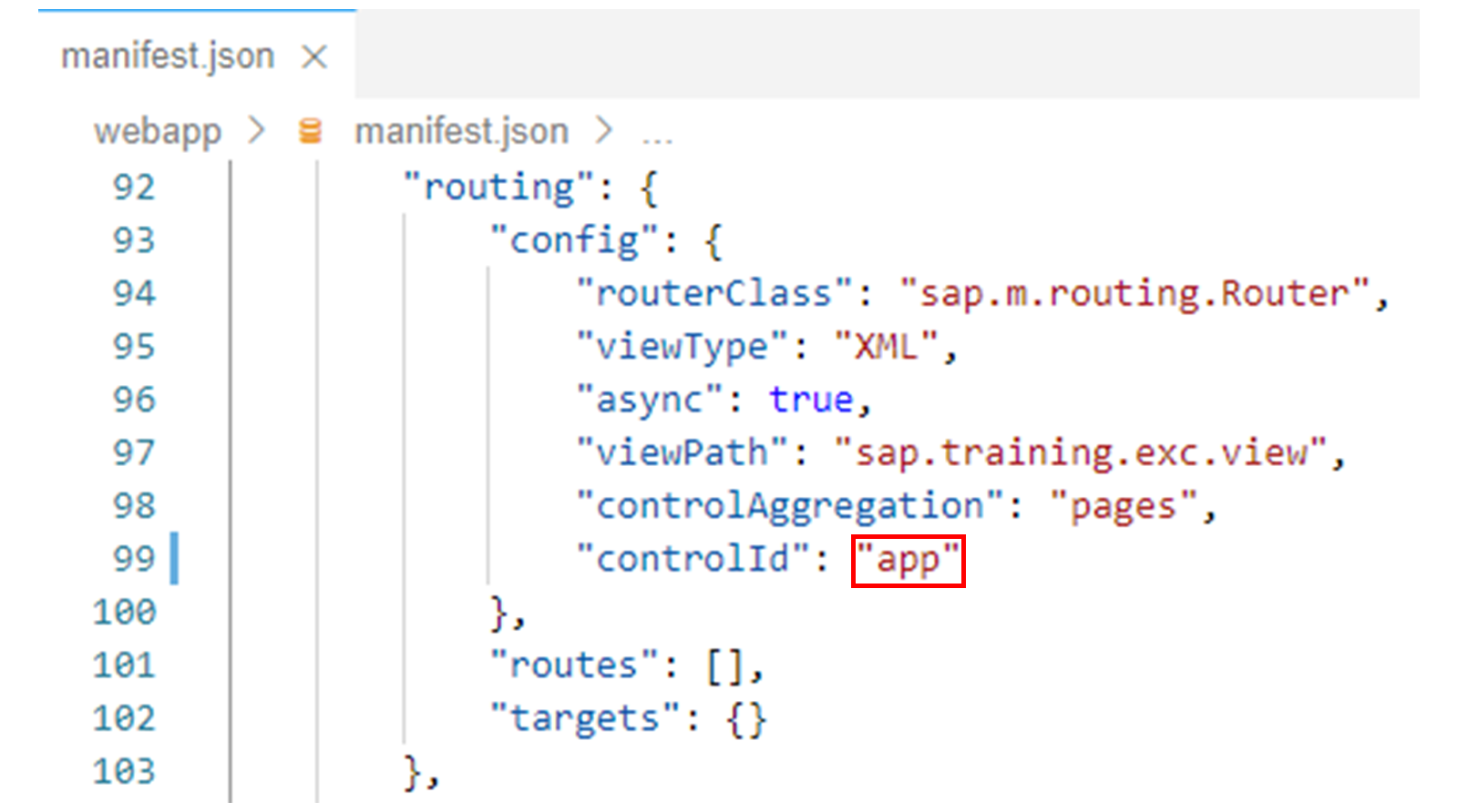 manifest.json 文件，突出显示 controlId。