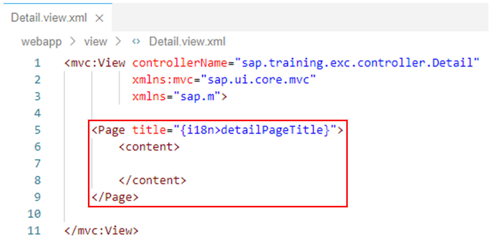 Detail.view.xml 文件,其中突出显示了 Page 标签。