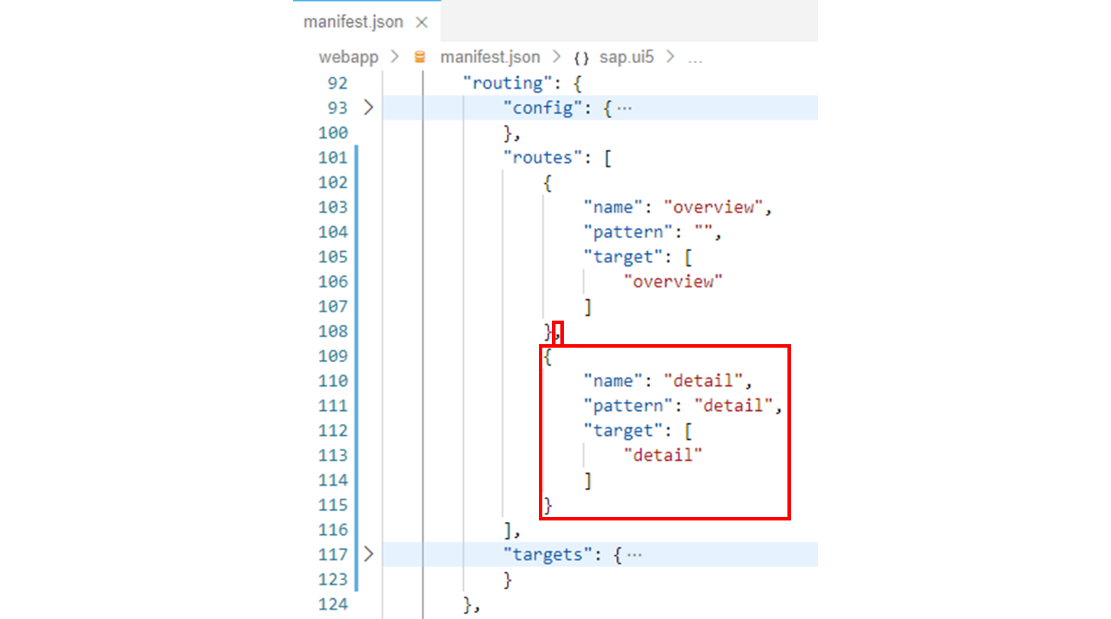 manifest.json 文件，其中突出显示了 detail 路由。