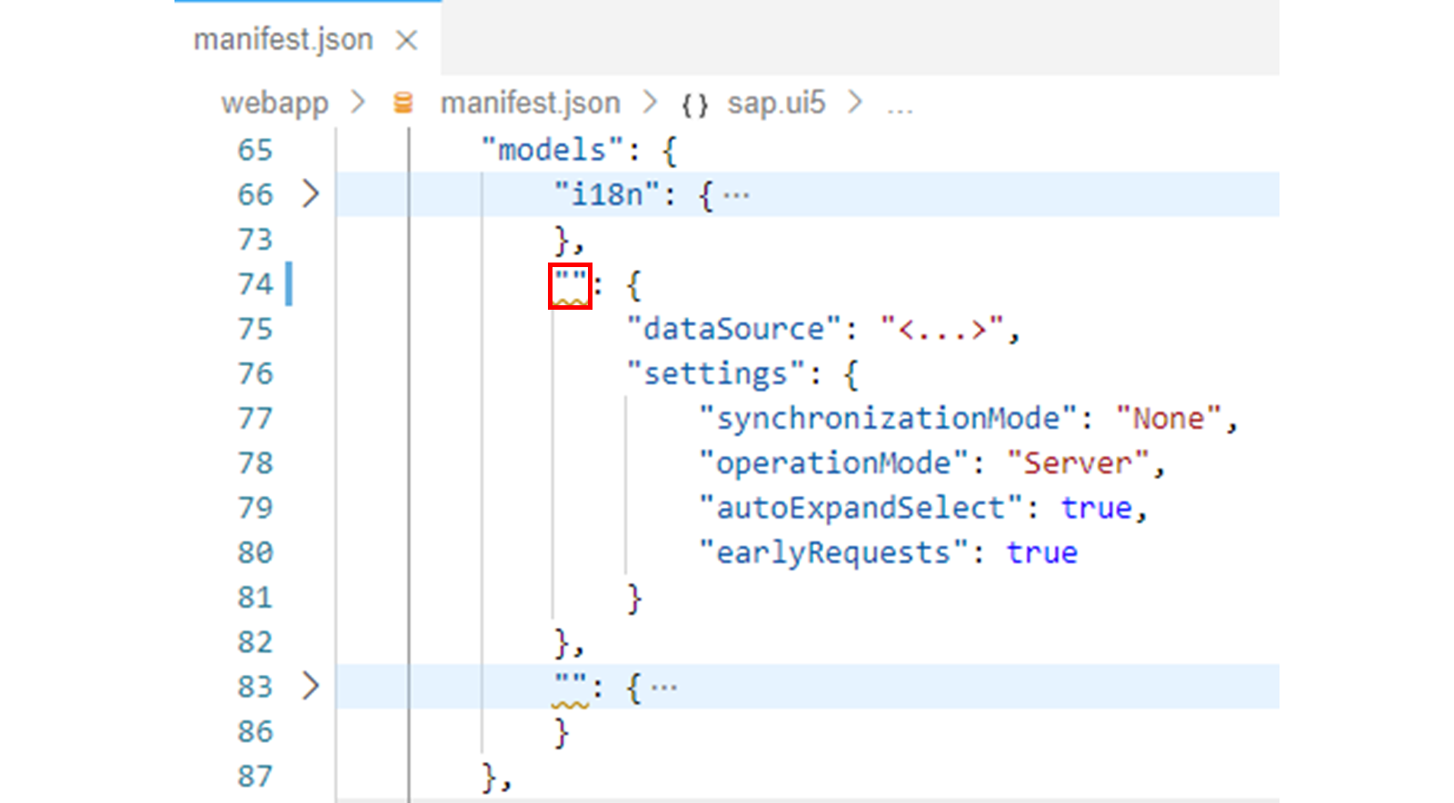 JSON 文件，突出显示空字符串。
