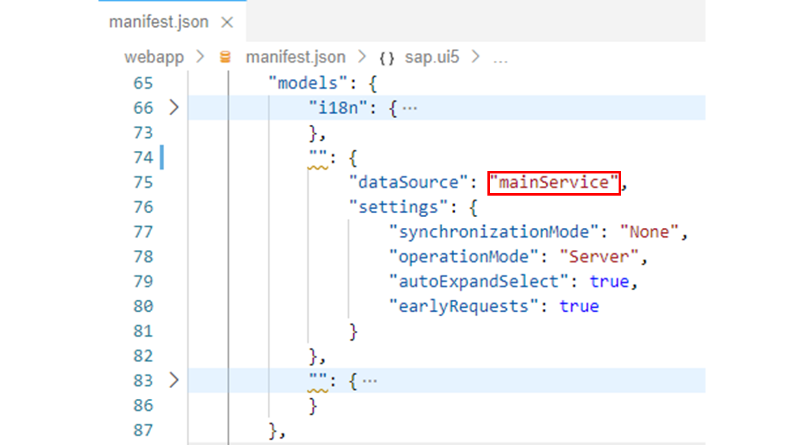JSON 文件，突出显示 mainService 属性。