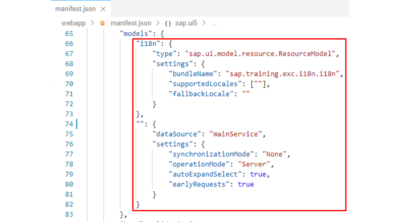 生成的 JSON 文件,突出显示 models 属性。