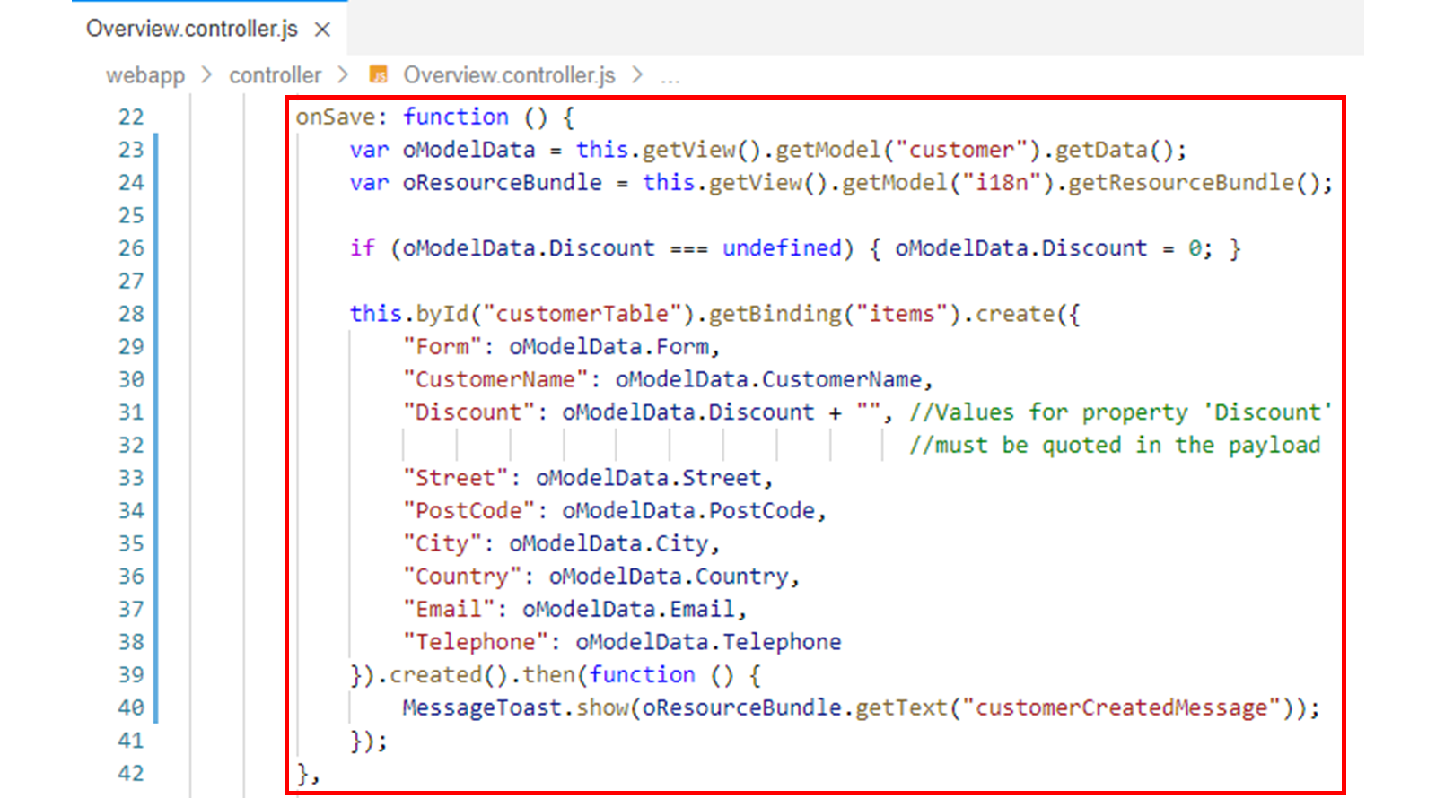 Overview.controller.js 文件，突出显示了 onSave 函数。