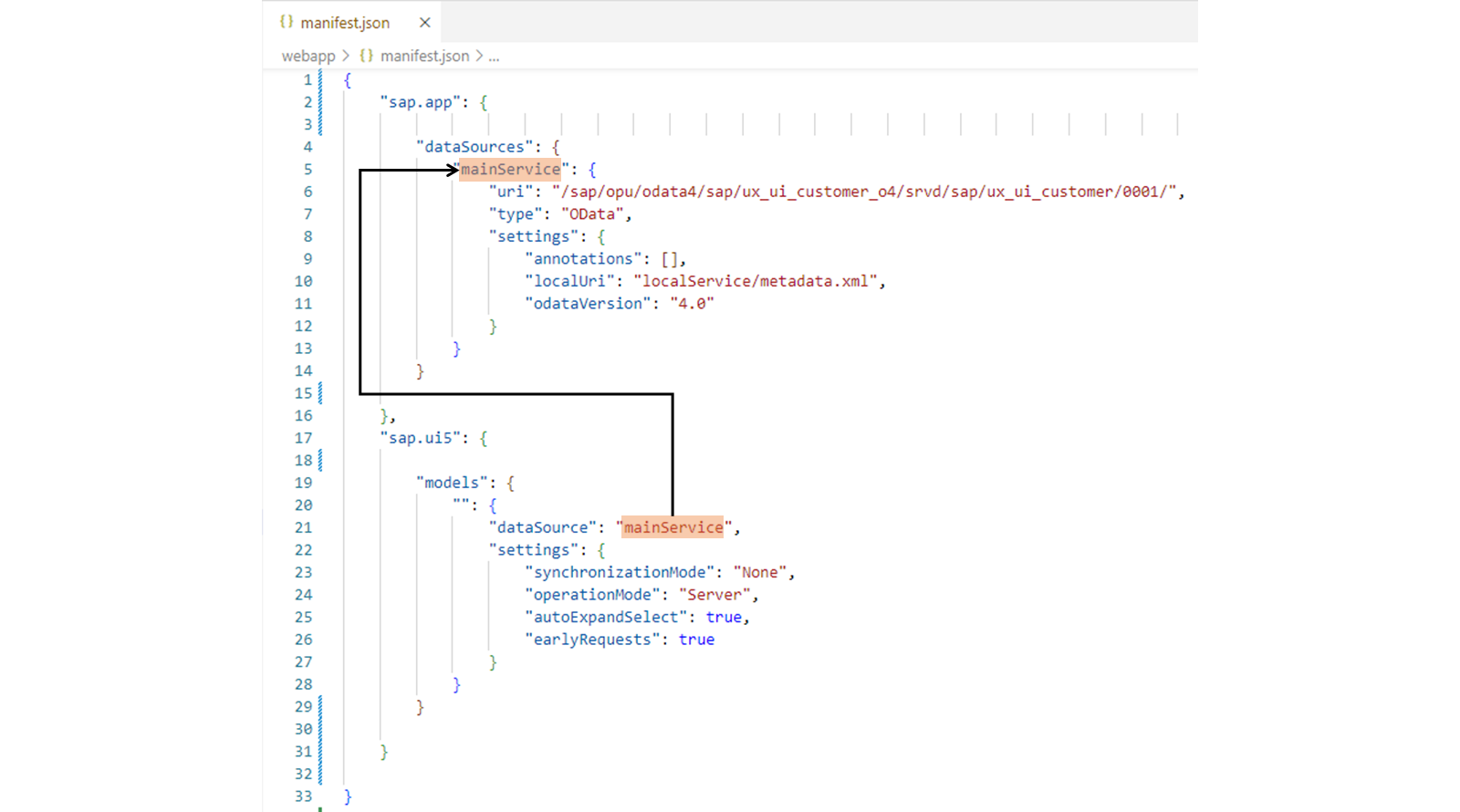 示例 JSON 代码,突出显示 mainService 属性。