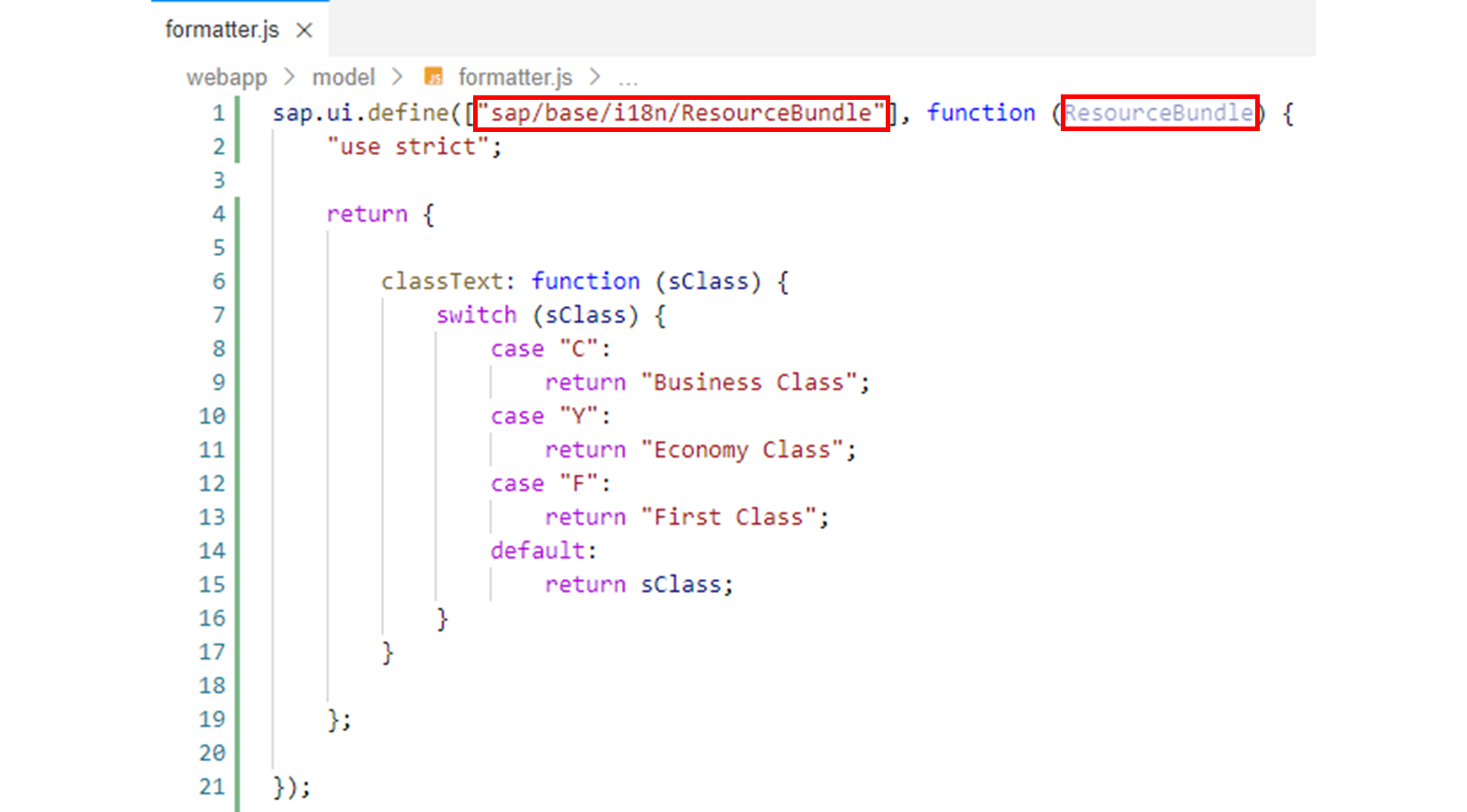 formatter.js 文件，高亮显示 sap/base/i18n/ResourceBundle 属性。