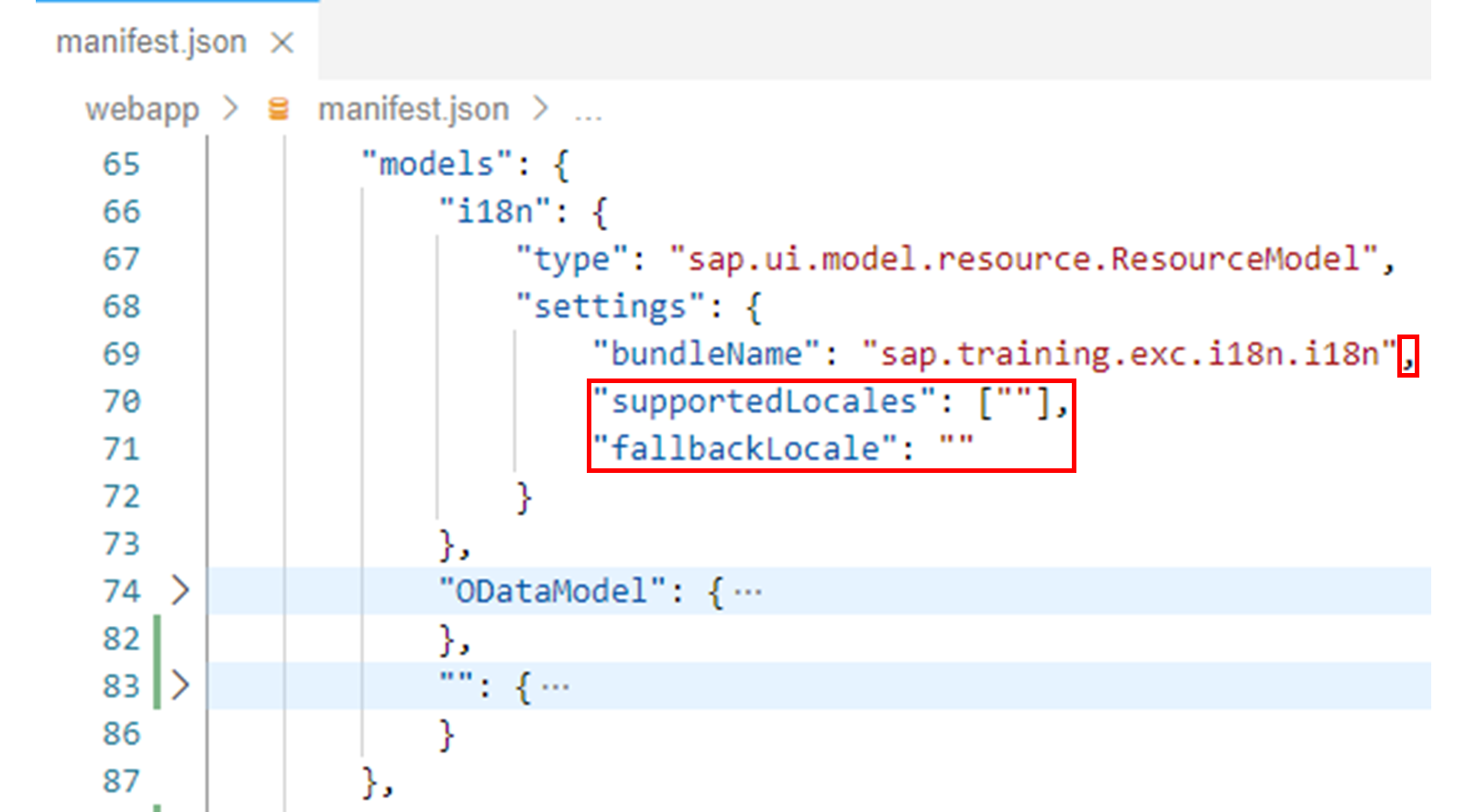 JSON 代码,高亮显示 supported Locales 和 fallbackLocale 属性。