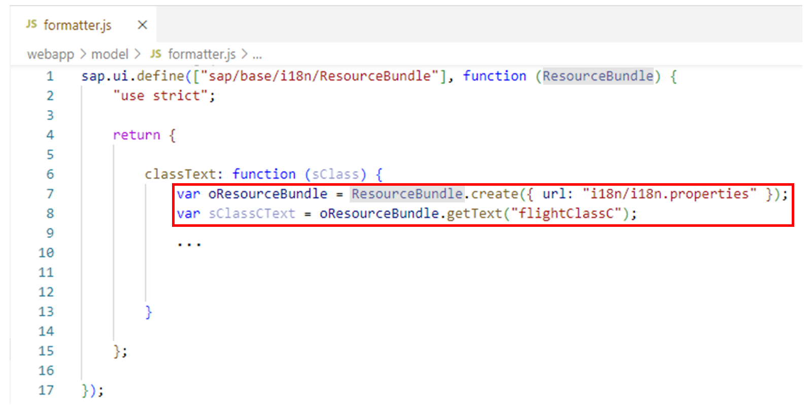 使用 sap/base/i18n/ResourceBundle 的示例代码。