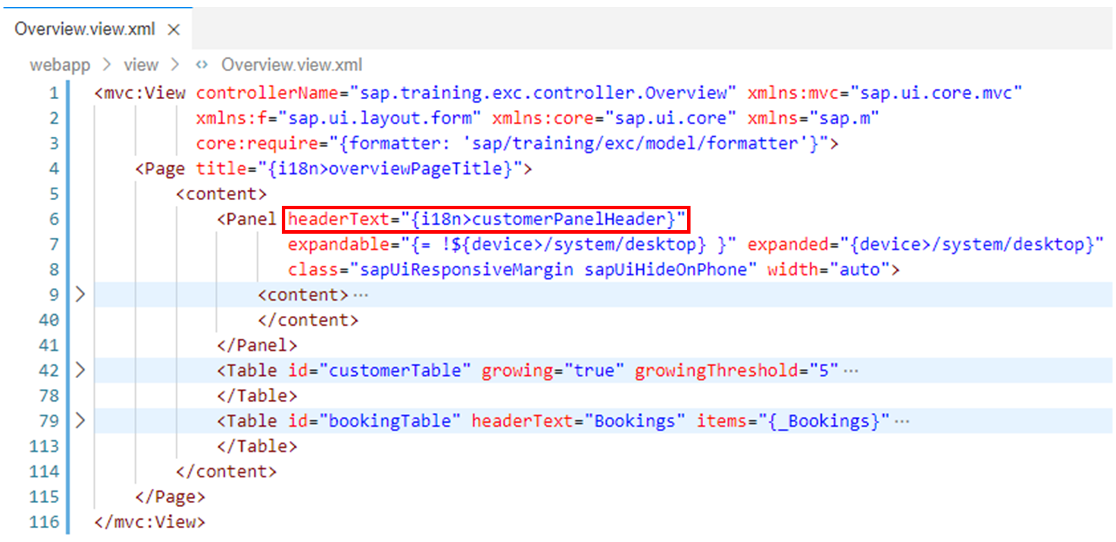 XML 文件，高亮显示 headerText 属性。