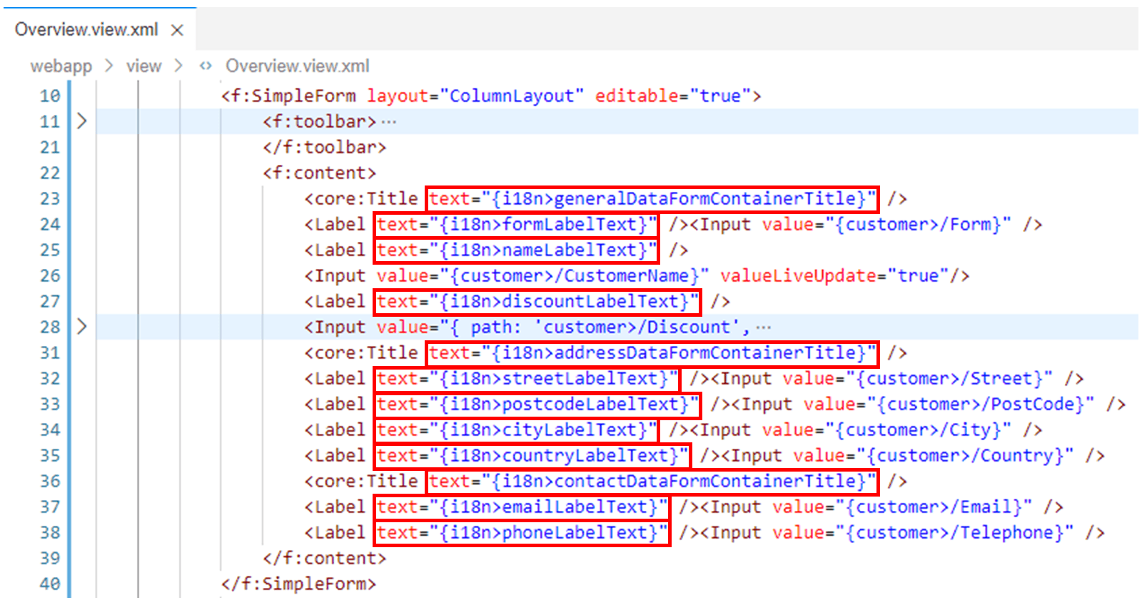 XML 文件，高亮显示 text 属性。