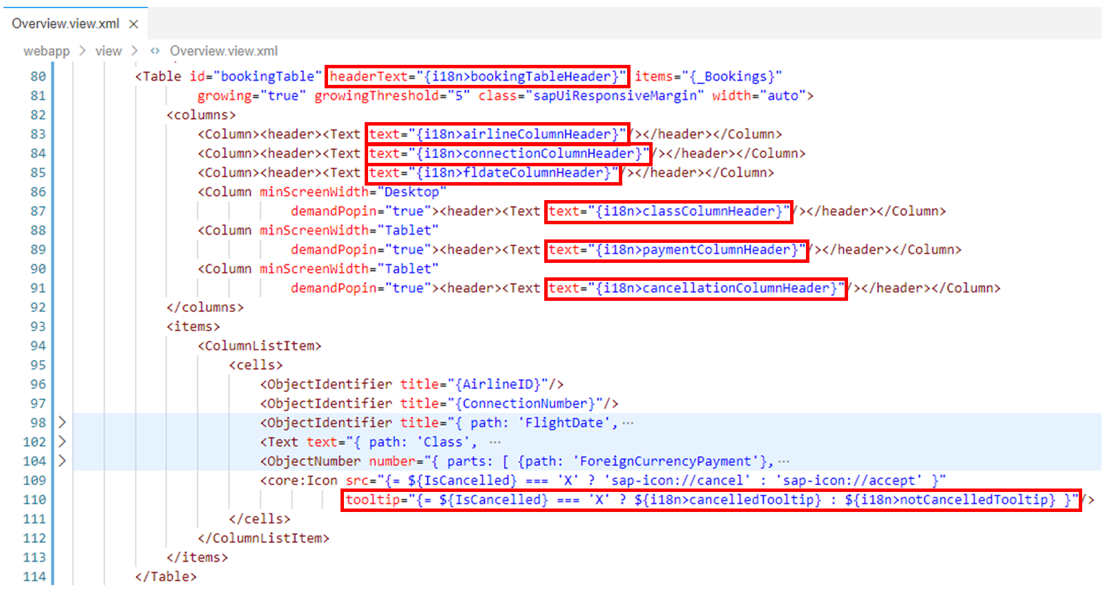 XML 文件,高亮显示 headerText、text 和 tooltip 属性。