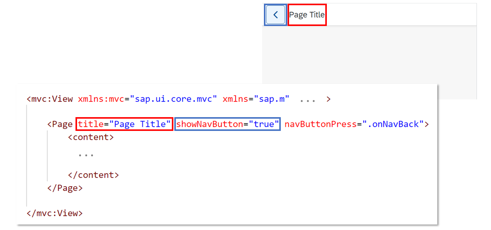 代码的截图，高亮显示 Page Title、title 和 showNavButton。