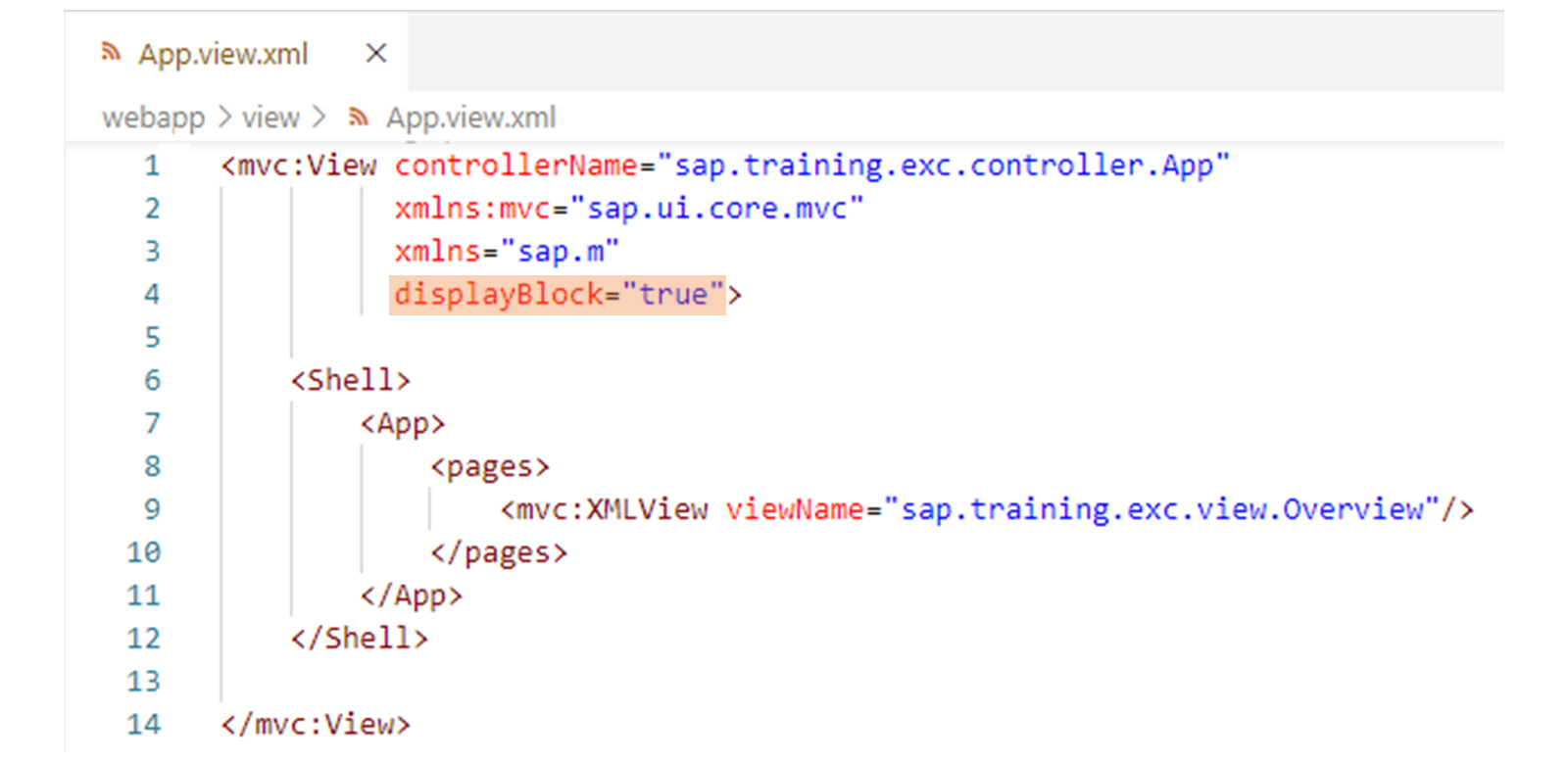 App.view.xml 代码的截图，如正文所述。