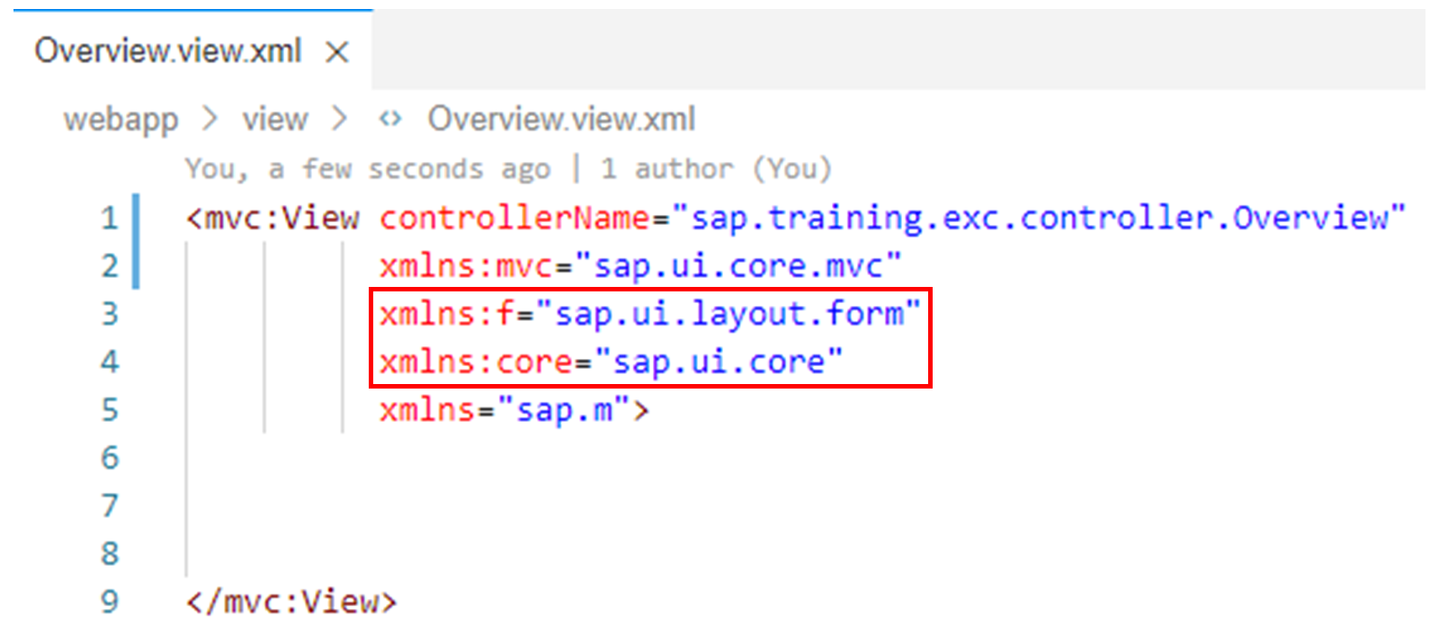 生成的 Overview.view.xml 代码。