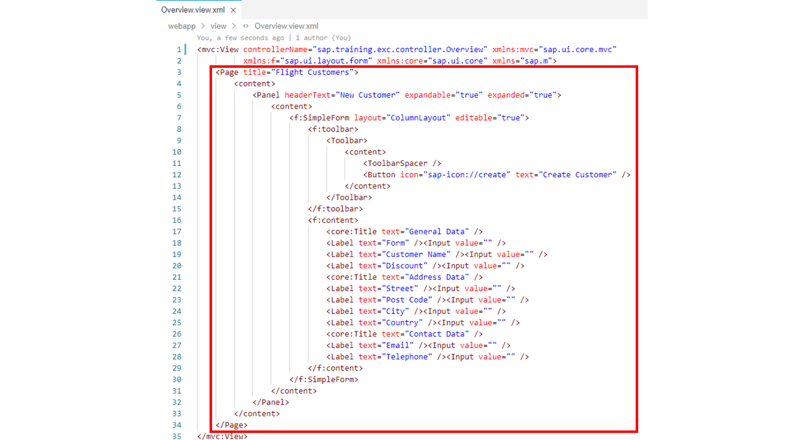 Overview.view.xml 文件，高亮显示 Page 标签。