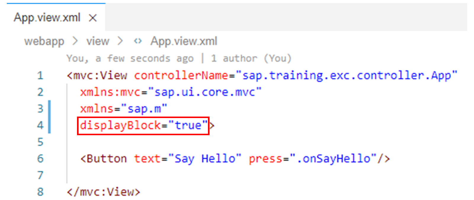 app.view.xml 文件，高亮显示 displayBlock 属性。