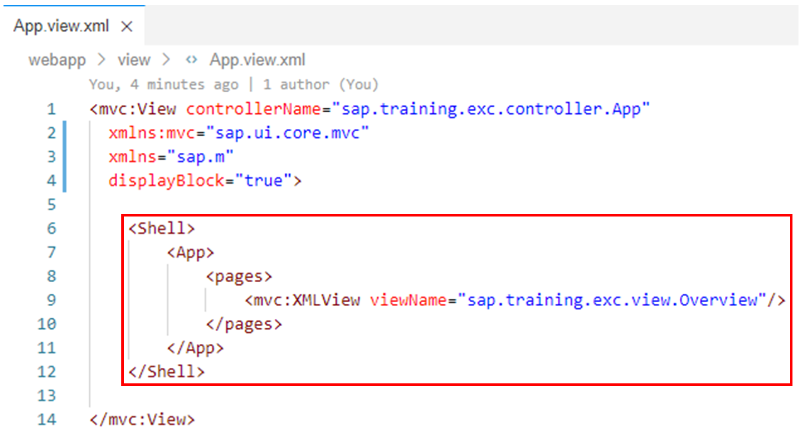 App.view.xml 文件，高亮显示 Shell 标签。
