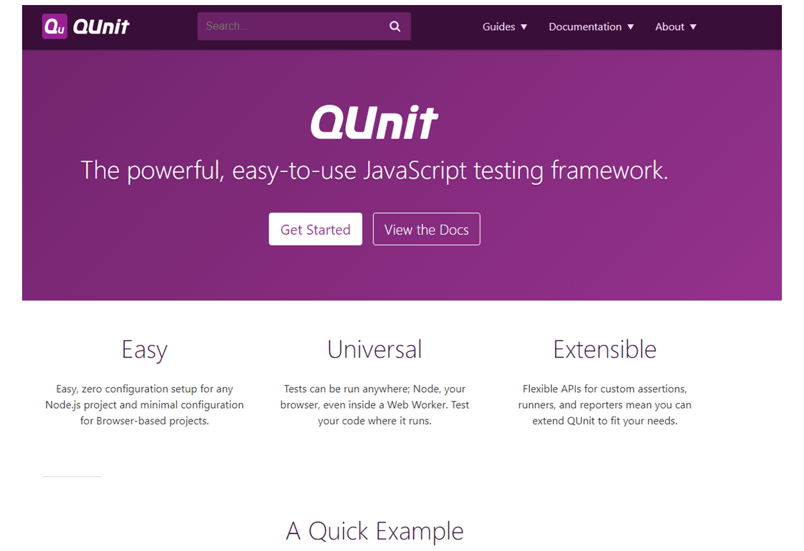 QUnit 文档网站的屏幕截图。