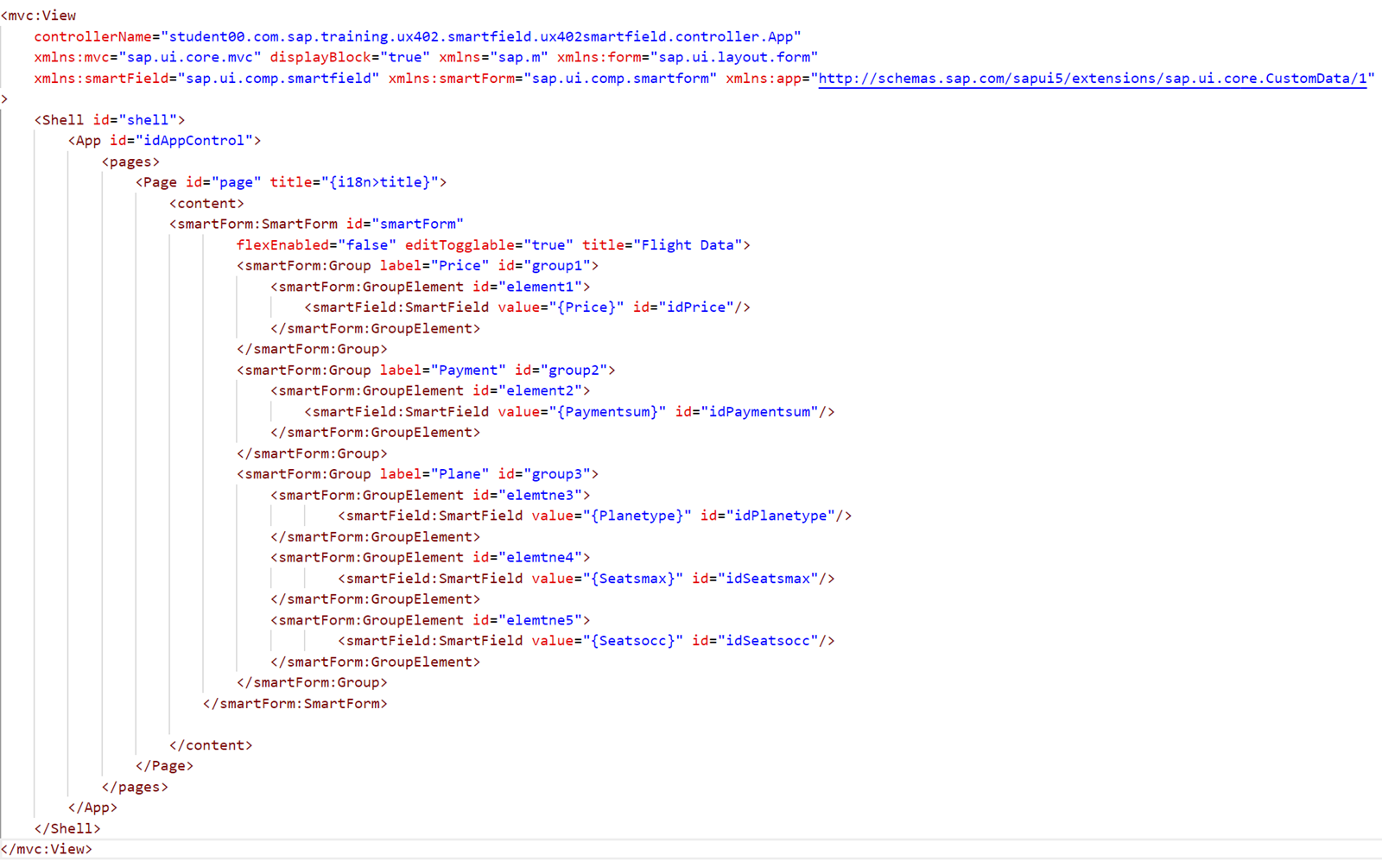 示例 view.xml 文件。代码显示了一个包含 smartForm 控件的页面，其中包含不同的组和若干 smartField 控件。