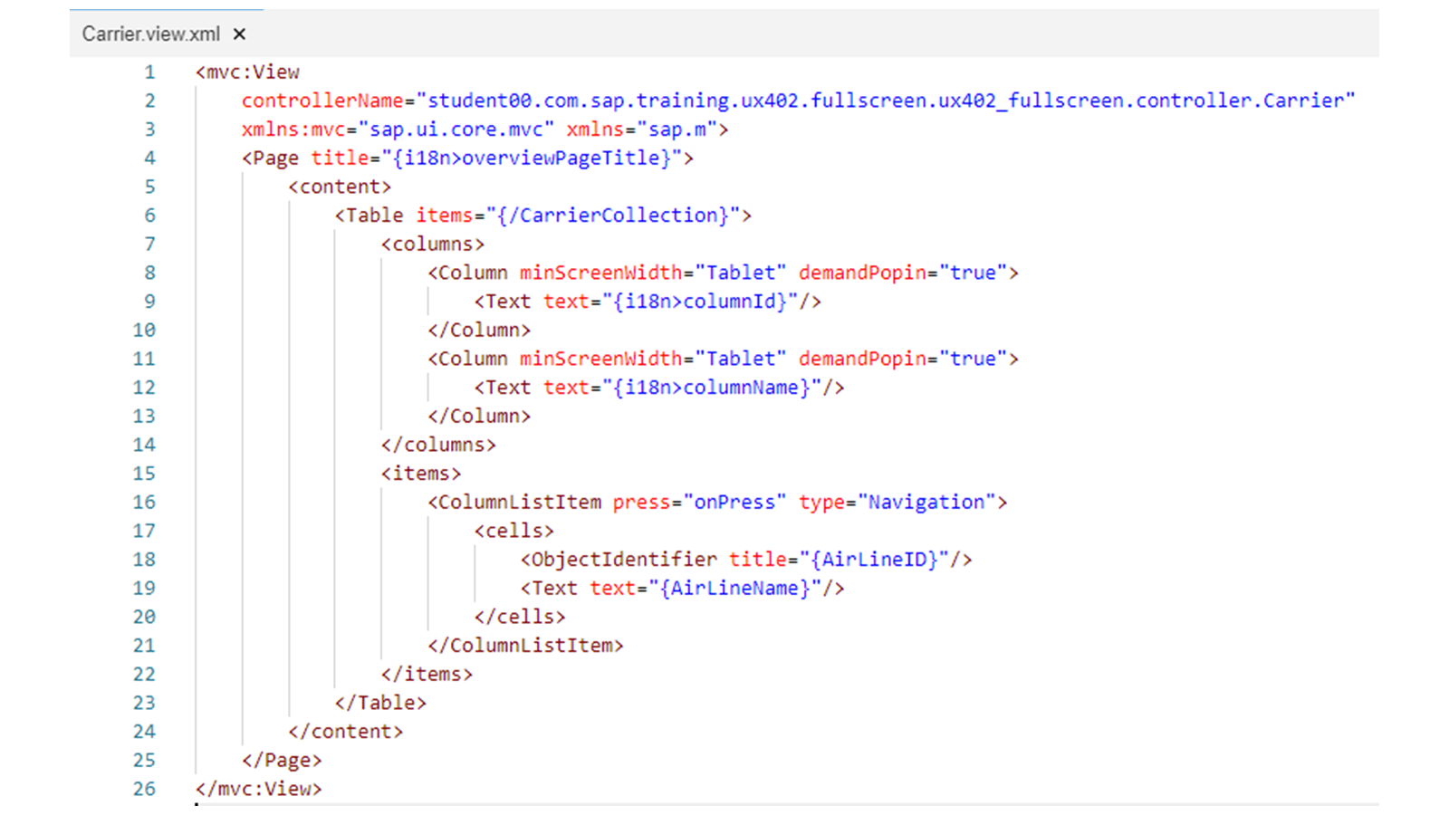 一个示例 Carrier.view.xml 文件