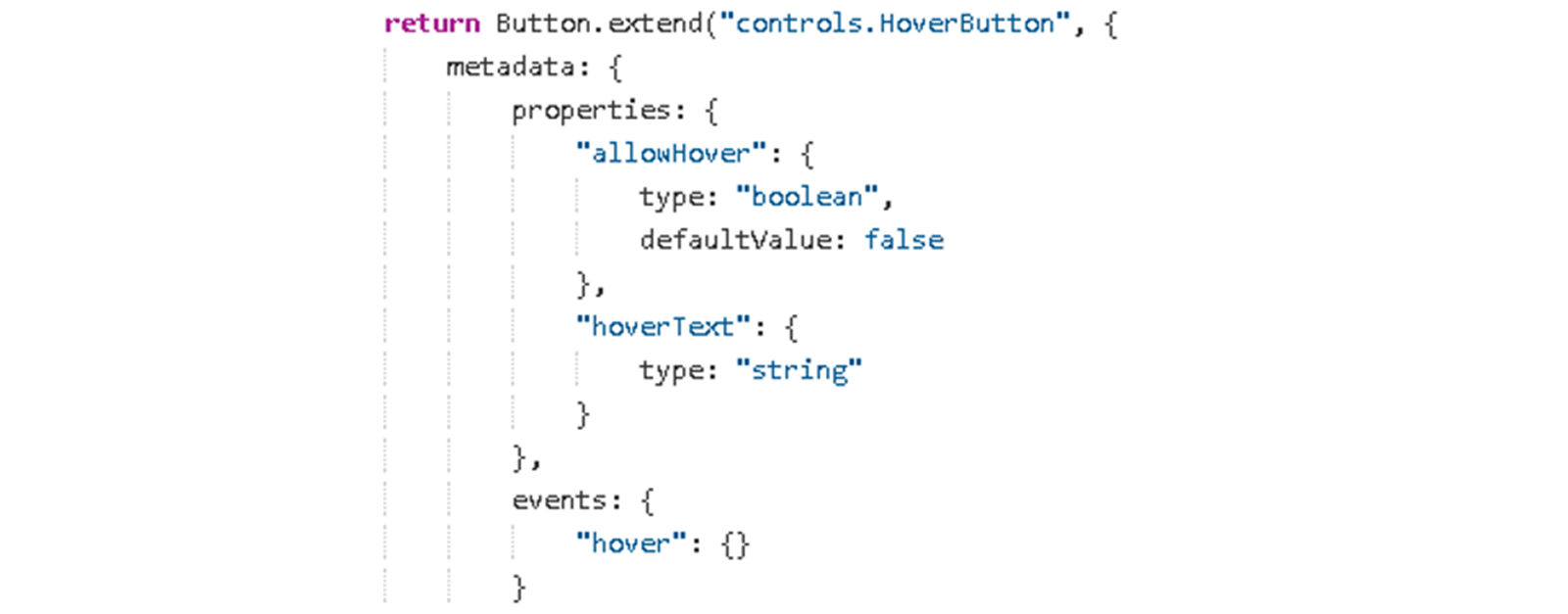 控件扩展的示例代码。metadata 部分定义了一个 allowhover 属性和一个 hover 事件。