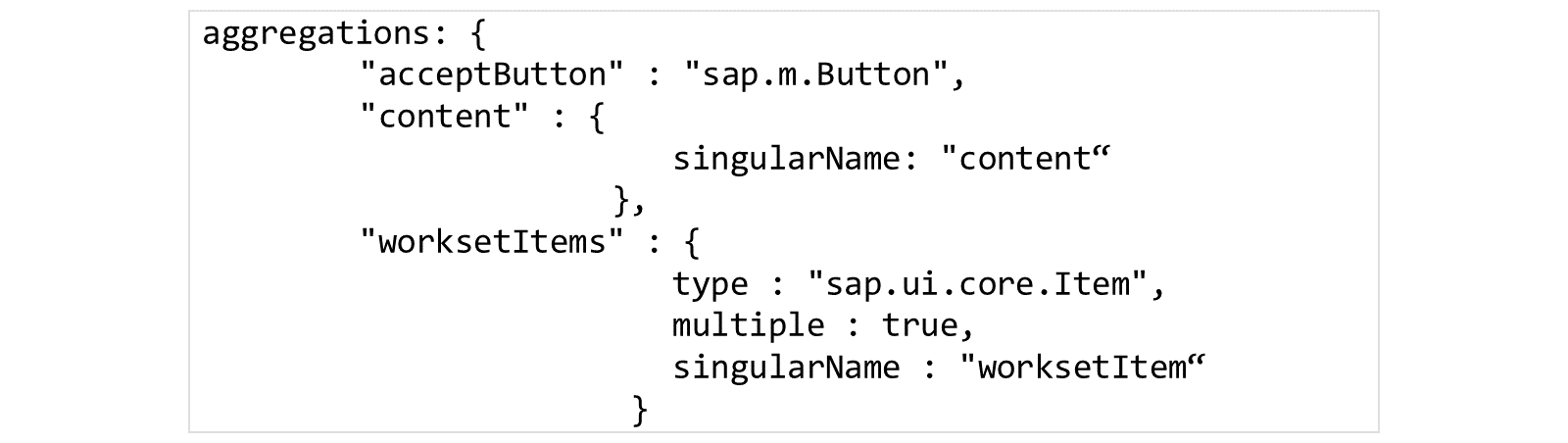 控件扩展的示例代码。metadata 聚合部分定义了三个组件:acceptButton、content 和 worksetItems。