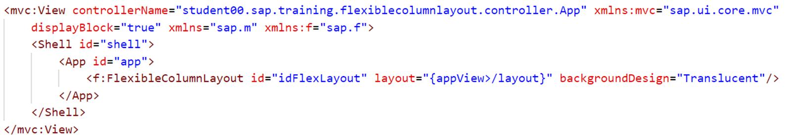 一个定义 FlexibleColumnLayout 控件的 App.view.xml 文件