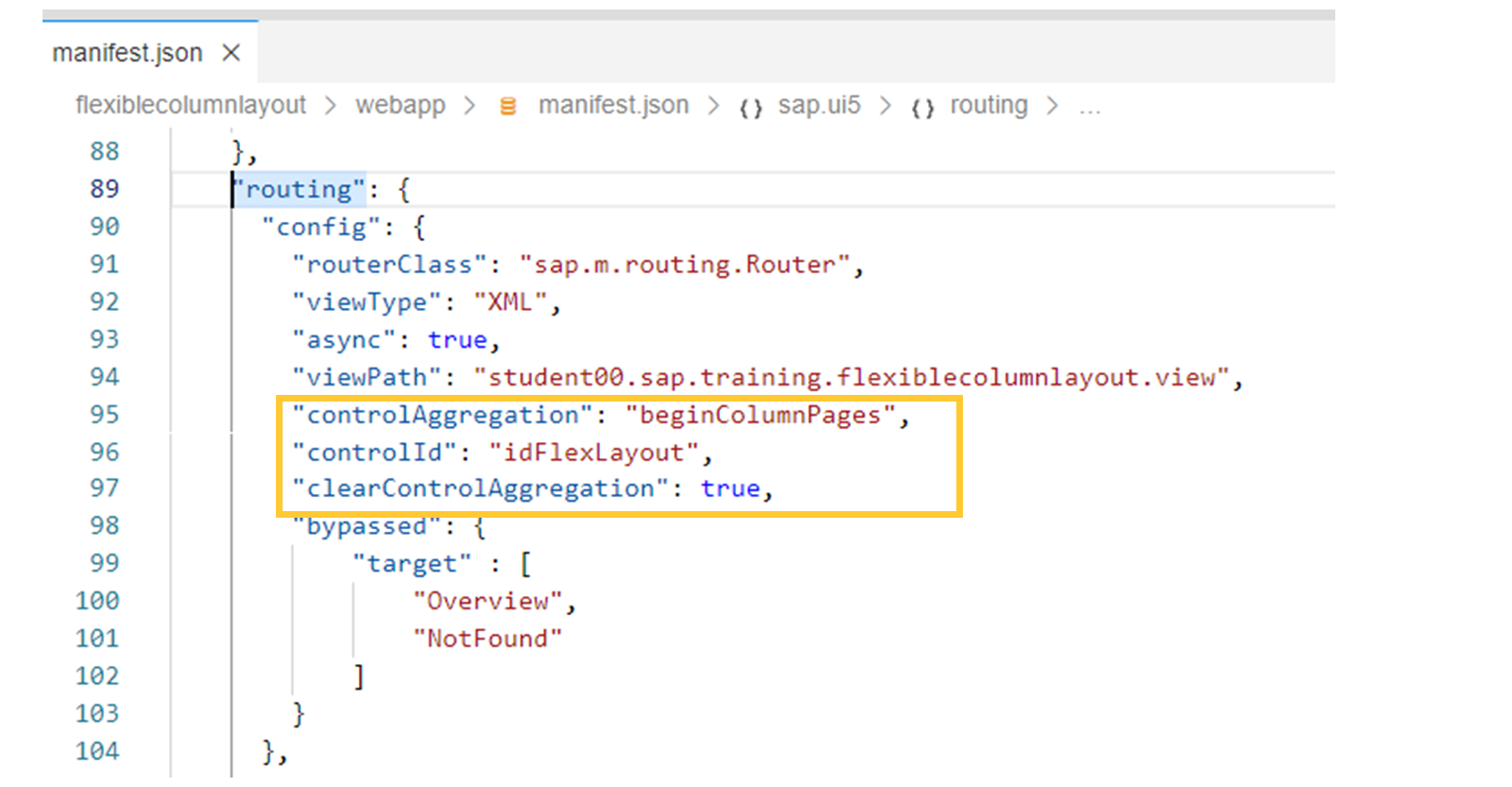 使用灵活列布局的应用的 manifest.json 文件中路由部分的 config 部分