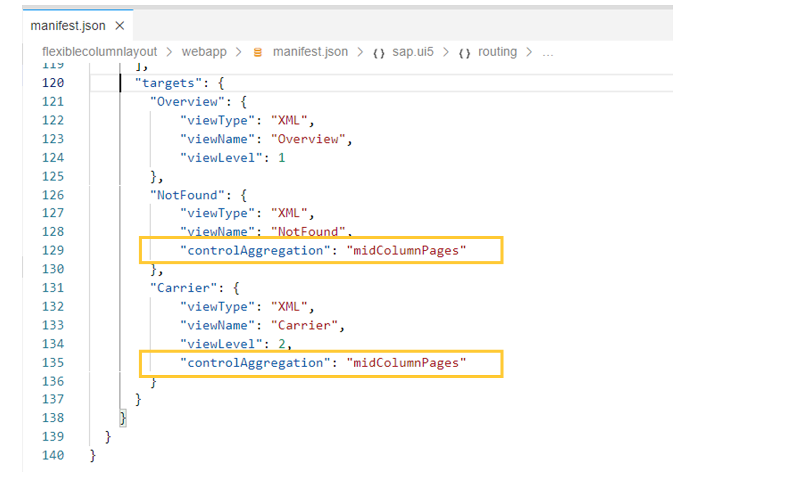 使用灵活列布局的应用的 manifest.json 文件中的 targets 部分
