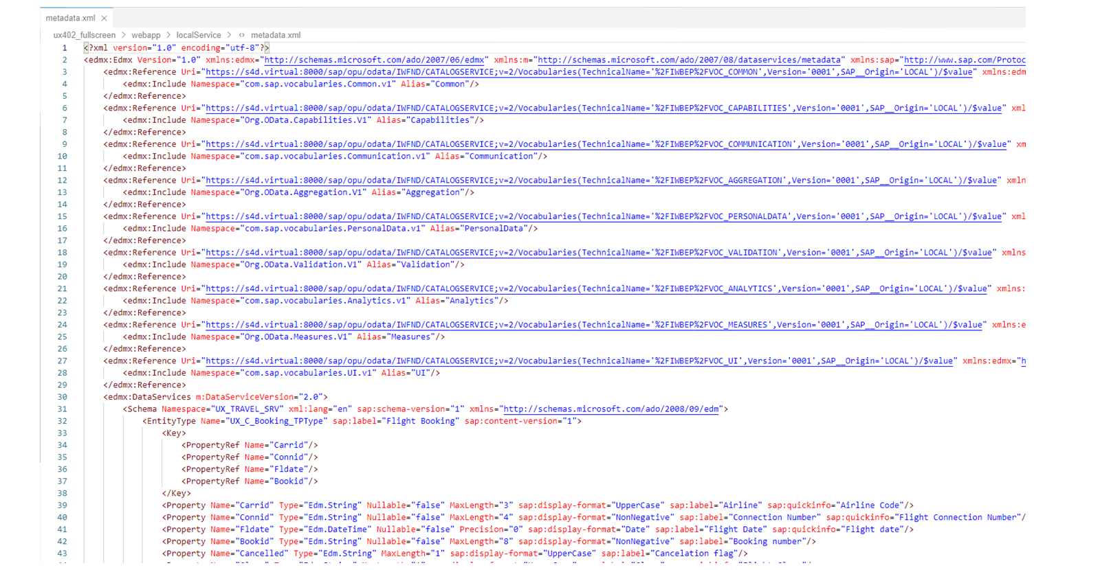 文本编辑器的截图，显示一个 OData 服务 metadata.xml 文件。