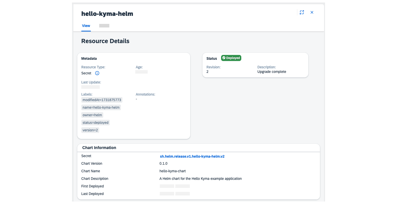 Kyma 仪表板,其中一个名为 hello-kyma-helm 的 Helm 发布处于修订版本 2,状态为 DEPLOYED。其中包含 chart 版本 0.1.0 和部署时间等发布数据。
