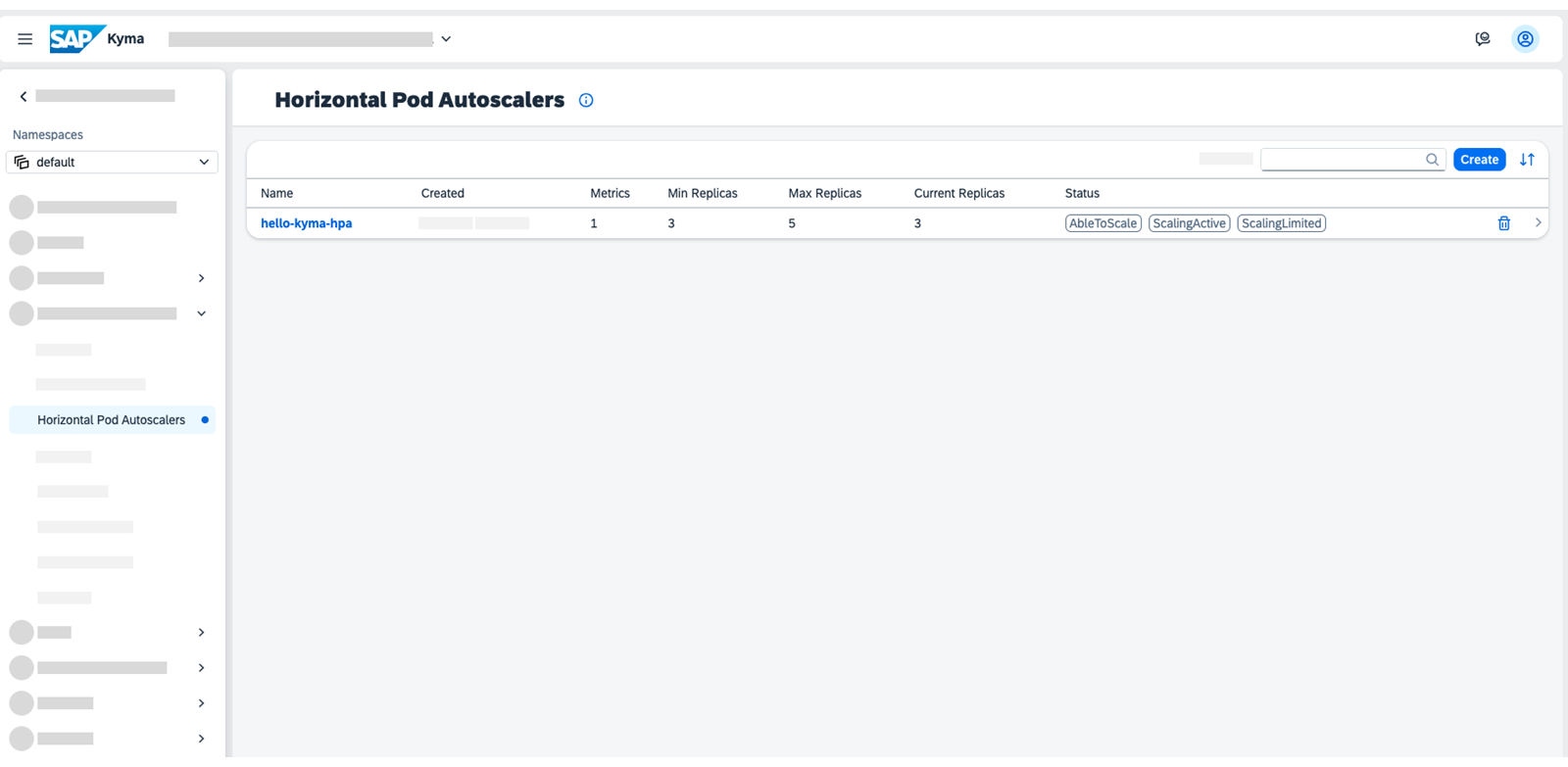 Kyma dashboard 的 Horizontal Pod Autoscalers 区域。它显示了自动扩缩器列表及其详细信息,例如名称、创建时间、标签、指标、最小/最大 Pod 数、副本数和状态。