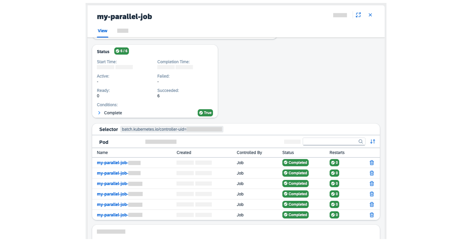 Kyma dashboard 中显示名为 my-parallel-job 的并行 Job 的详细信息。它突出显示 3/6 完成，并列出多个 Pod 及其状态，包括 RUNNING 和 COMPLETED。